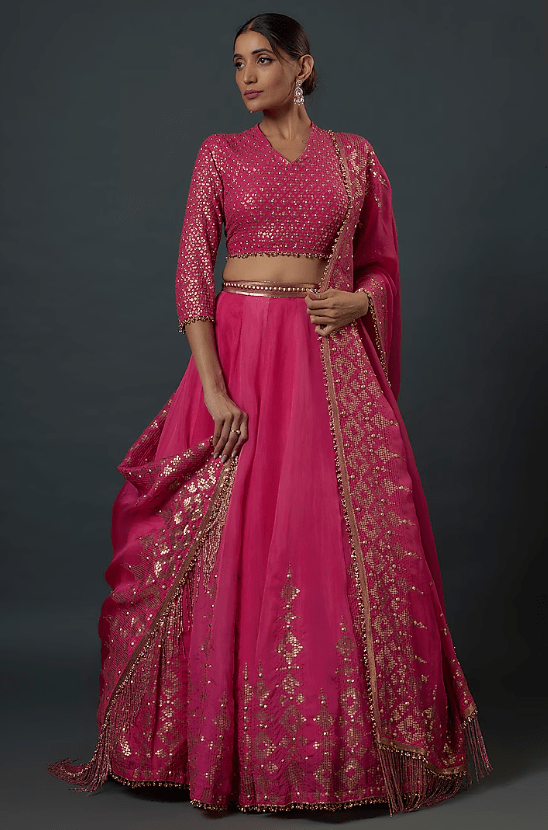 Rani Pink Chiffon Sequins Embroidered Lehenga Set