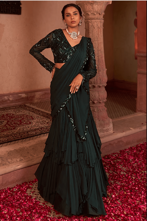 Bottle Green Georgette Embroidered Draped Saree Set