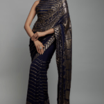 Navy Blue & Gold Chiffon Sequins Embroidered Saree Set