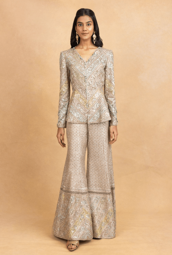 Ivory Silk Embellished Jacket with Sharara