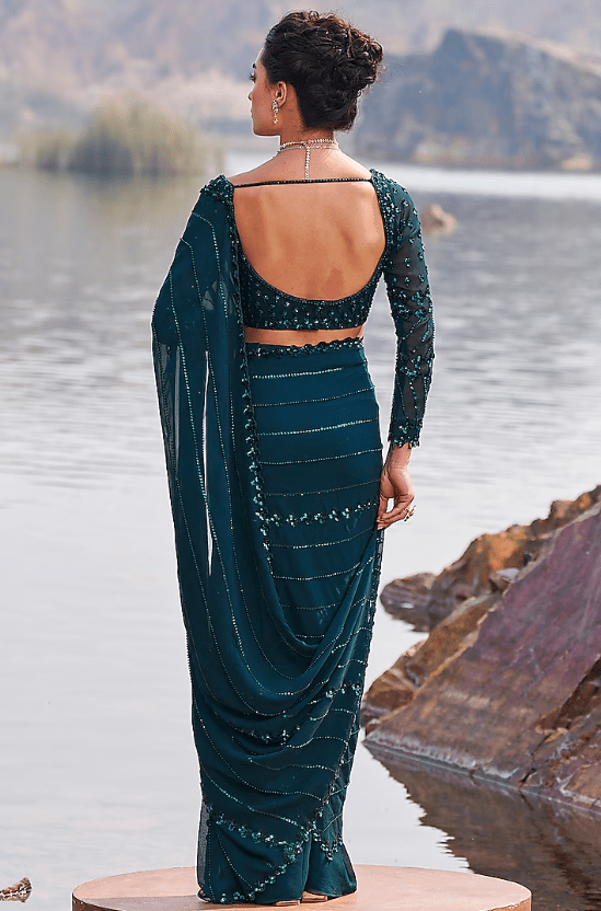 Bottle Green Georgette Sequins Embroidered Draped Saree Set - Image 2