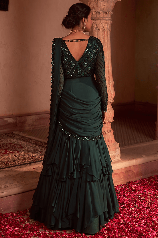 Bottle Green Georgette Embroidered Draped Saree Set - Image 2