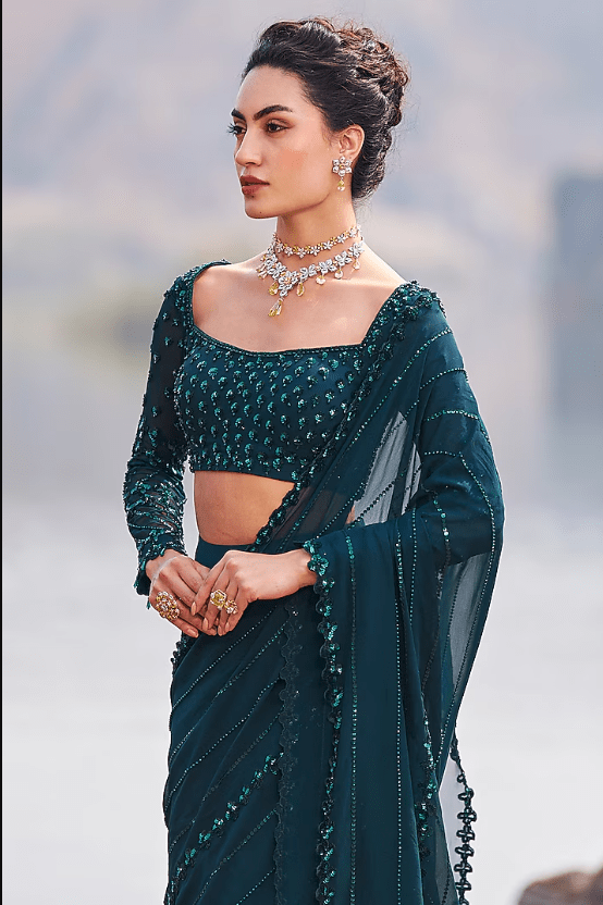 Bottle Green Georgette Sequins Embroidered Draped Saree Set - Image 3
