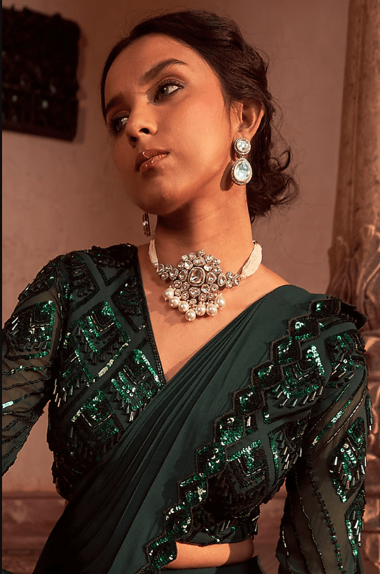 Bottle Green Georgette Embroidered Draped Saree Set - Image 3