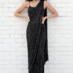 Black Hand Bead Embroidered Silk Georgette Gown Saree
