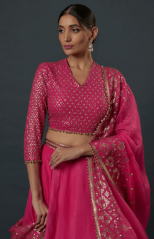 Rani Pink Chiffon Sequins Embroidered Lehenga Set - Image 4