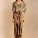Brown Silk Shimmery Checks Jacket & Skirt Set