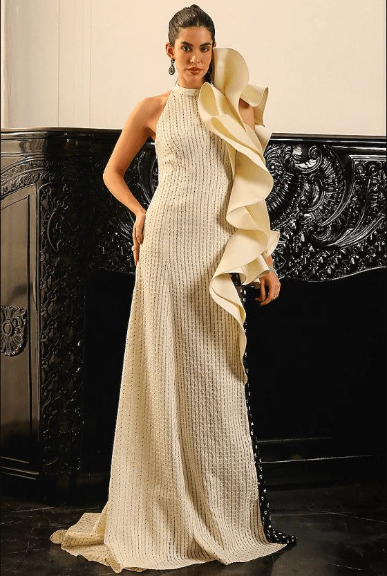 Off-White Crepe & Polyester Gown