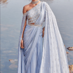 Aqua Crepe Sequins Embroidered Draped Saree Set
