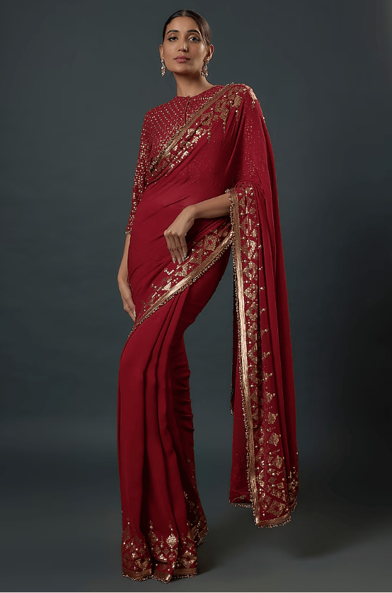 Red Chiffon Sequins Embroidered Saree Set