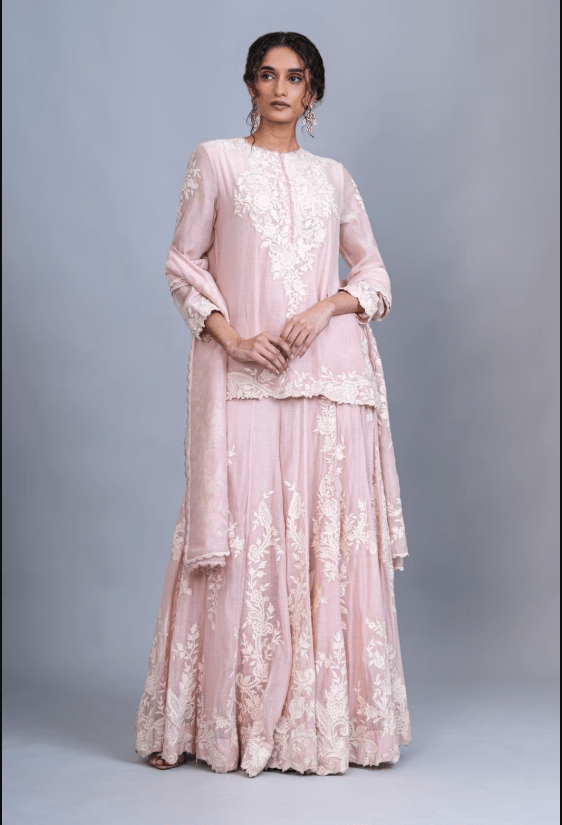 Pastel Pink Chanderi Silk Threadwork Sharara Set