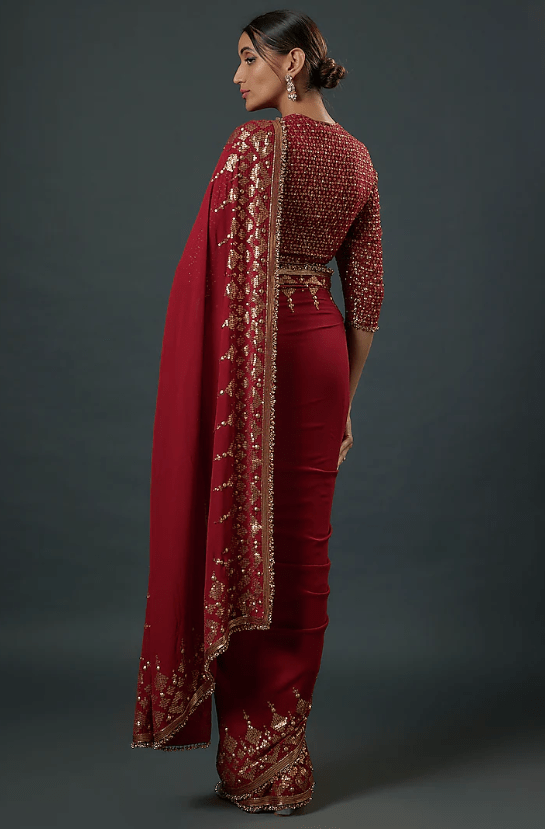 Red Chiffon Sequins Embroidered Saree Set - Image 2