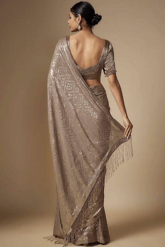 Mouse Chiffon Sequins Embroidered Saree Set - Image 2