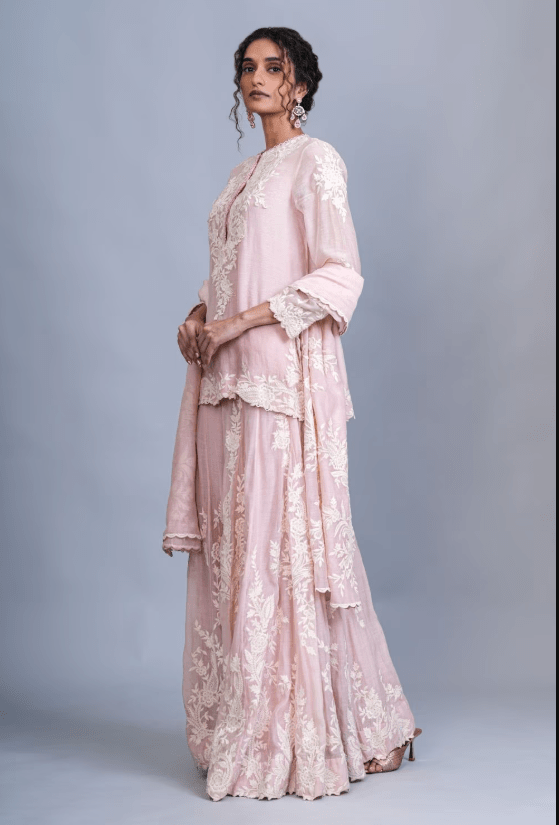 Pastel Pink Chanderi Silk Threadwork Sharara Set - Image 2