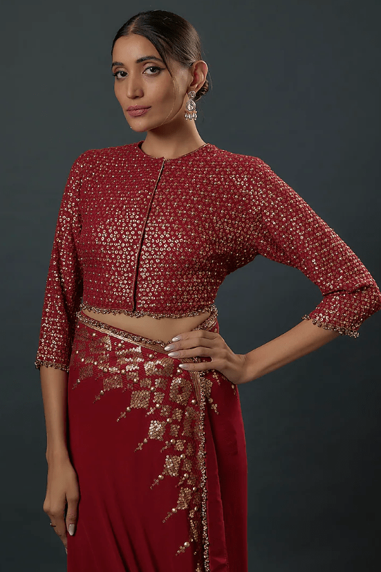 Red Chiffon Sequins Embroidered Saree Set - Image 3