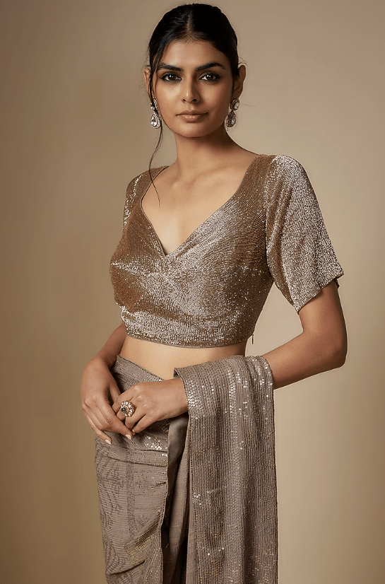 Mouse Chiffon Sequins Embroidered Saree Set - Image 3