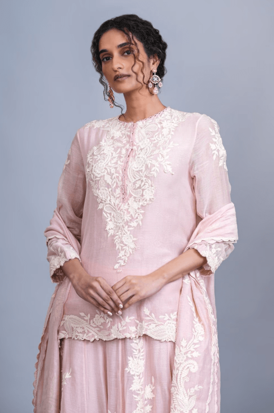 Pastel Pink Chanderi Silk Threadwork Sharara Set - Image 3