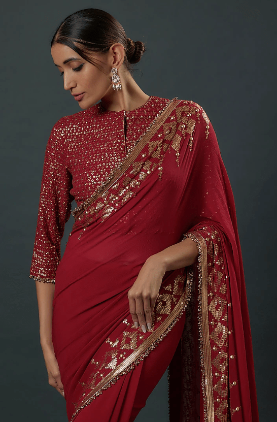 Red Chiffon Sequins Embroidered Saree Set - Image 4