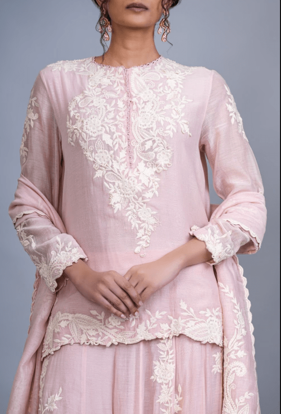 Pastel Pink Chanderi Silk Threadwork Sharara Set - Image 4