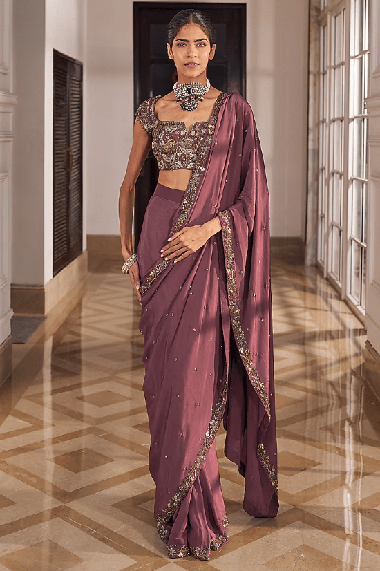 Mouse-Colored Crepe Boota Work Saree Set