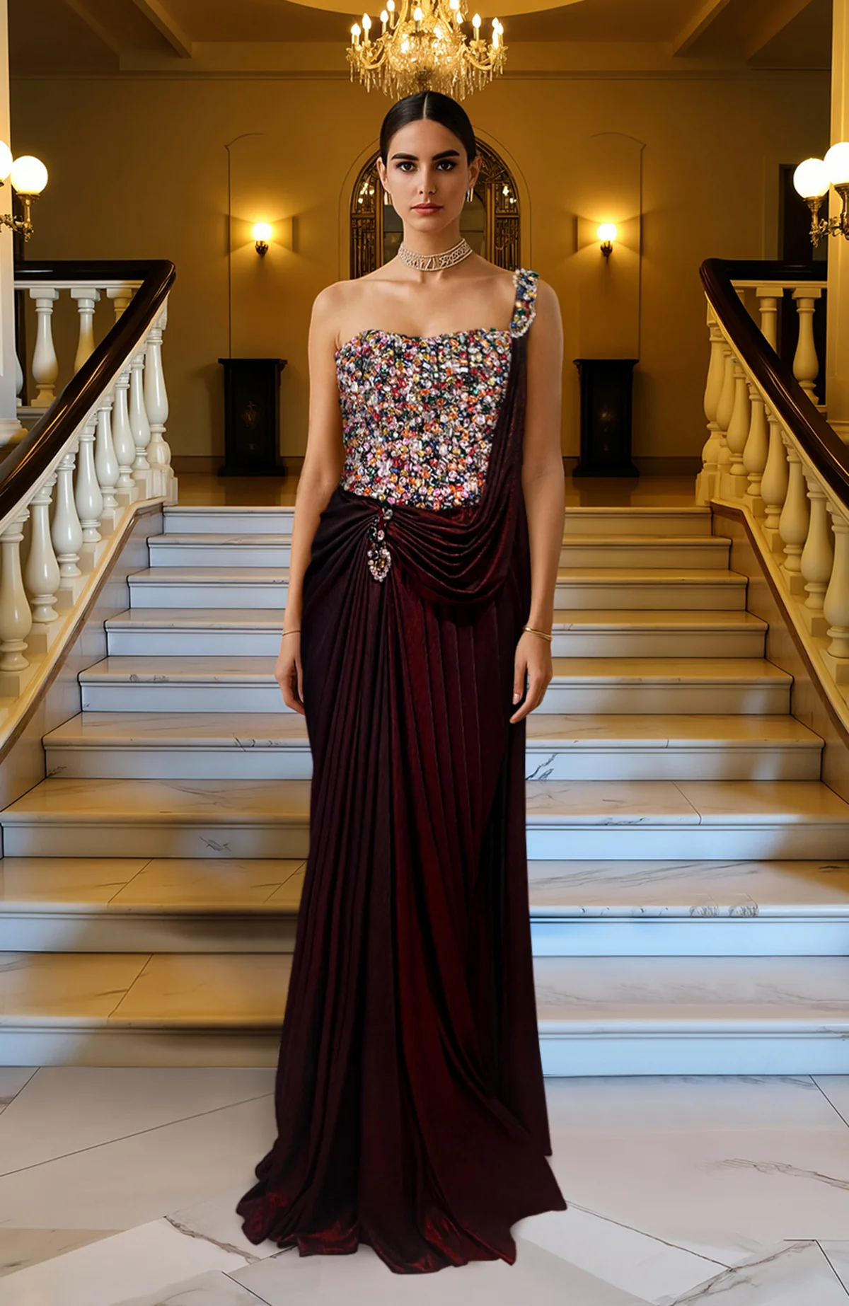 Gemma Maroon Draped Saree with Embellished Corset