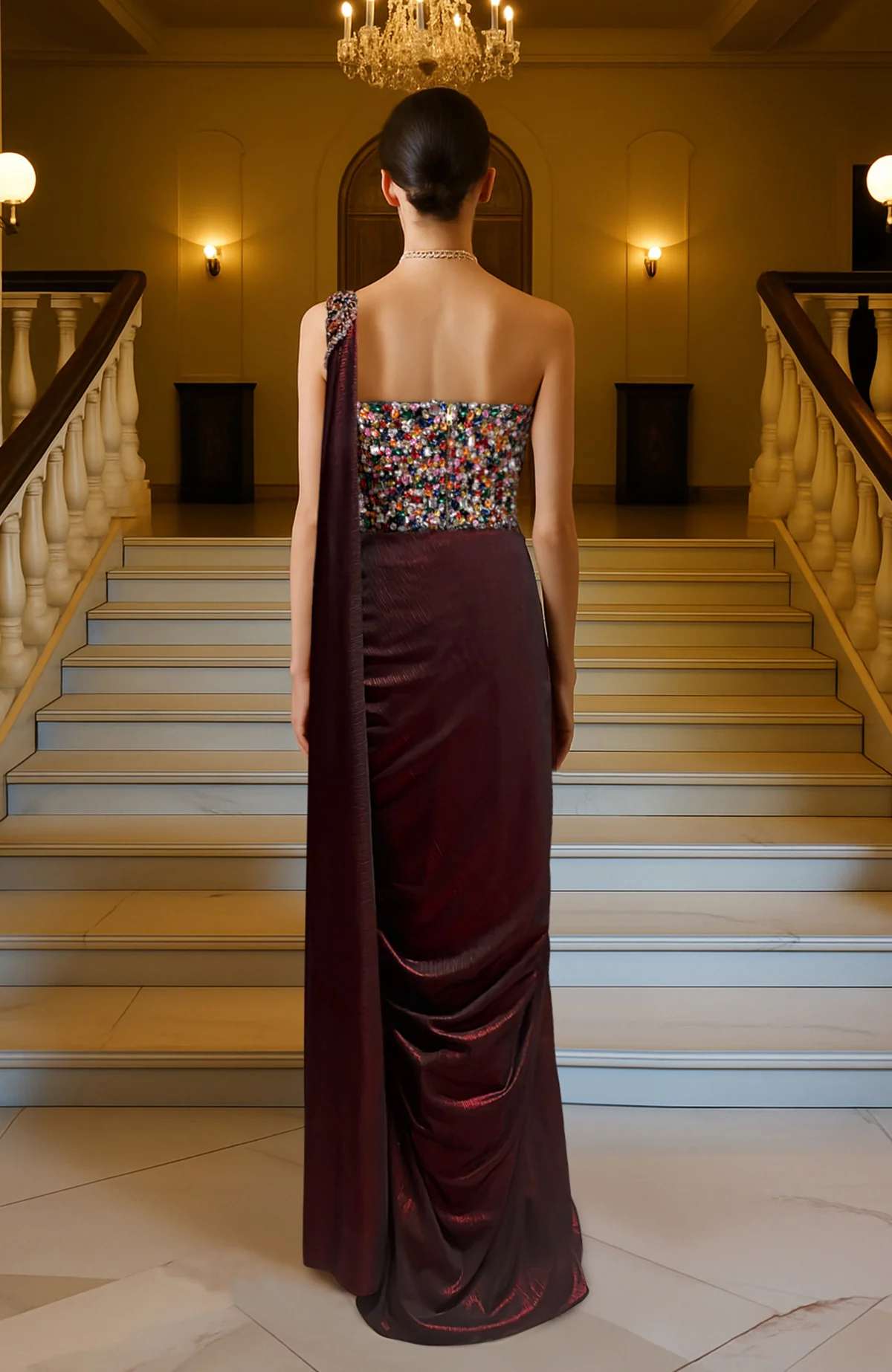 Gemma Maroon Draped Saree with Embellished Corset - Image 2