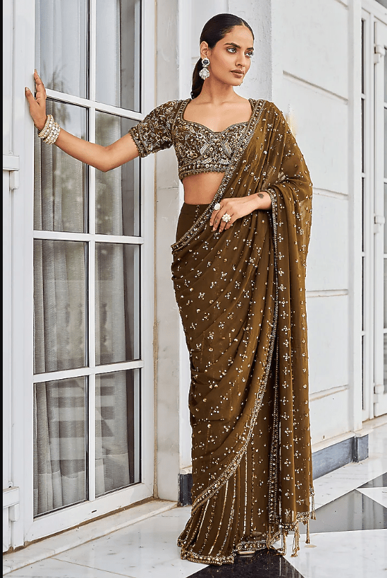 Copper Georgette Sequins Embroidered Saree Set
