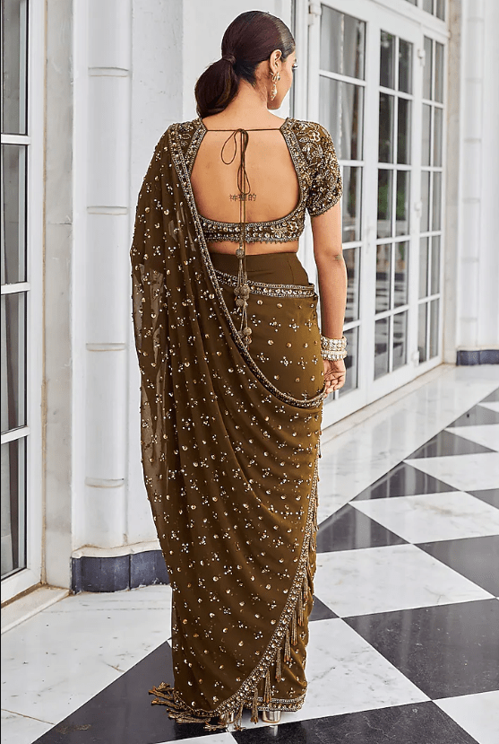 Copper Georgette Sequins Embroidered Saree Set - Image 2