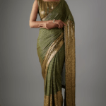 Basil Green Chiffon Sequins Embroidered Saree Set