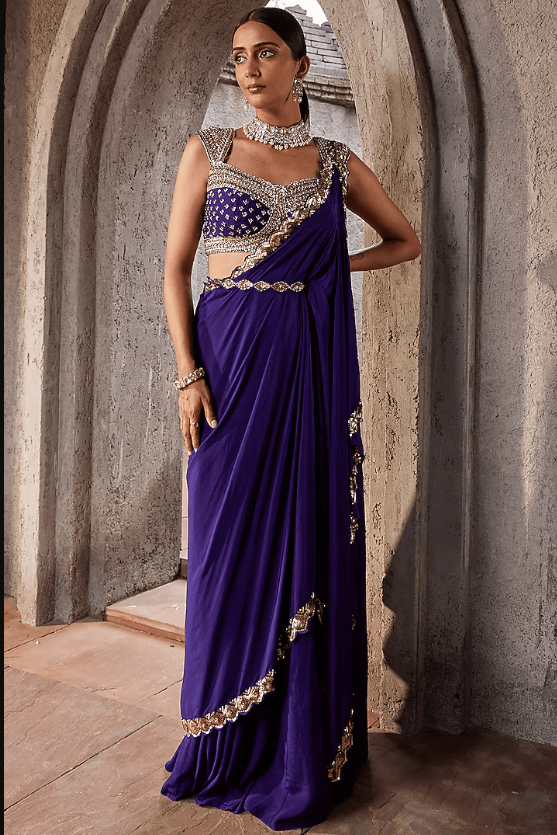 Purple Crepe Saree Set