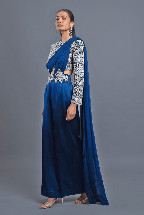 Indigo Blue Co-ord Set with Draped Pallu - Image 2