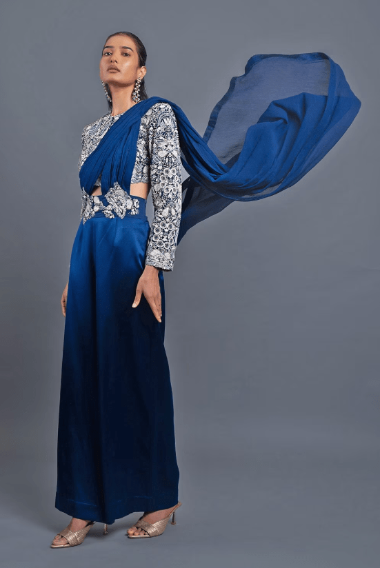 Indigo Blue Co-ord Set with Draped Pallu - Image 3
