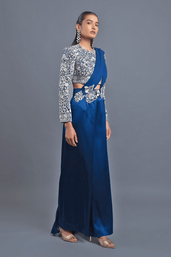 Indigo Blue Co-ord Set with Draped Pallu - Image 4