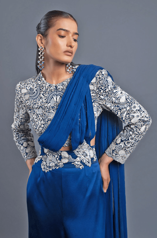 Indigo Blue Co-ord Set with Draped Pallu - Image 5