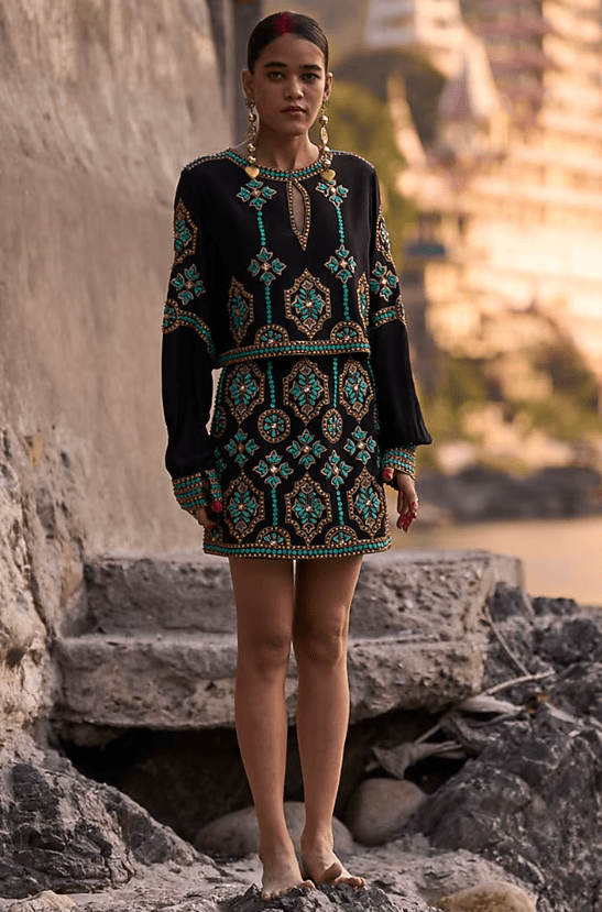Black Crepe Embroidered Mini Skirt Set