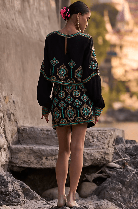 Black Crepe Embroidered Mini Skirt Set - Image 2