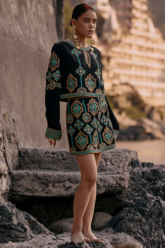 Black Crepe Embroidered Mini Skirt Set - Image 3