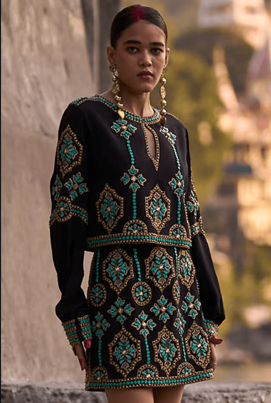 Black Crepe Embroidered Mini Skirt Set - Image 4
