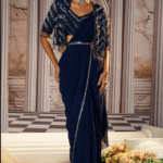 Blue Organza & Crepe Embroidered Draped Jacket Saree Set