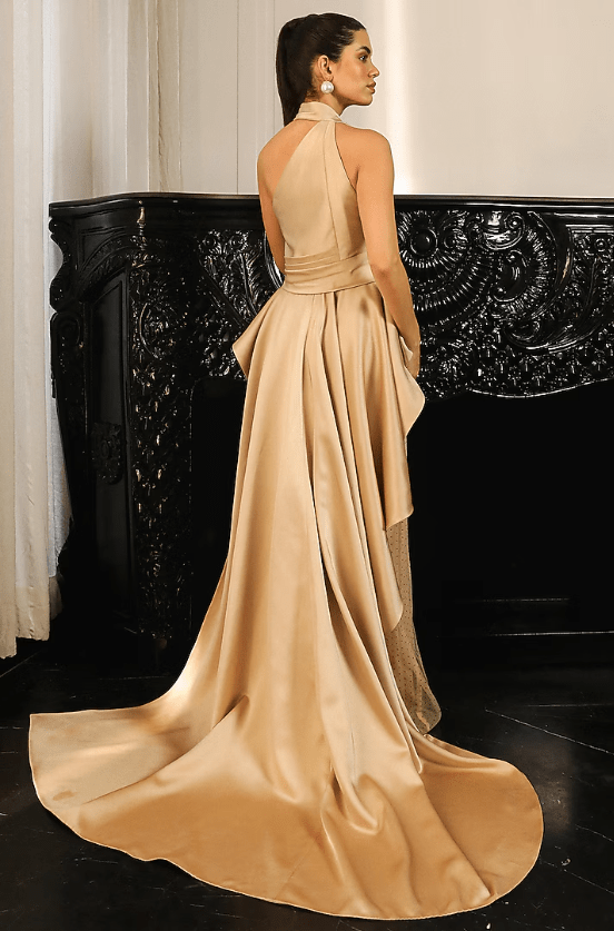 Sand Gold Polyester & Crepe Halter Gown - Image 2