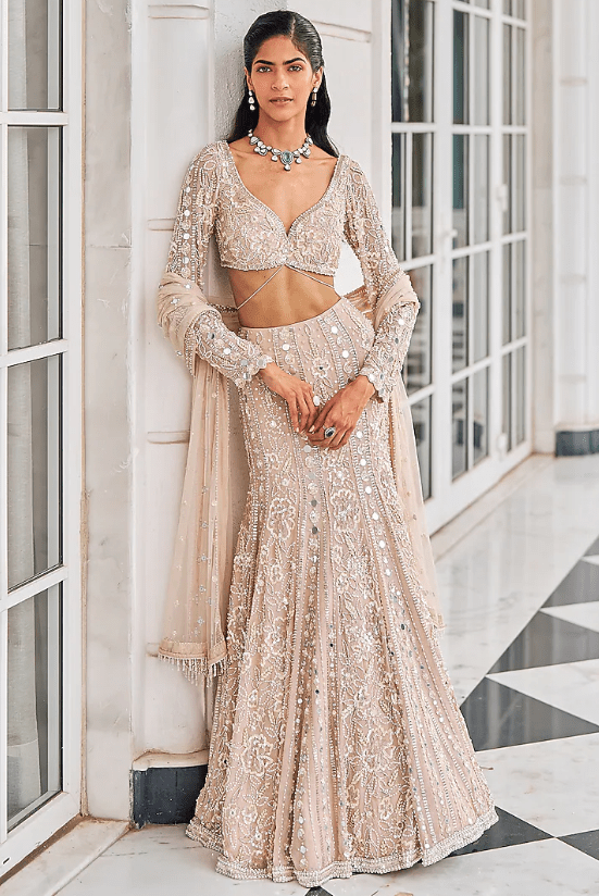 Salmon Pink Georgette Sequins Embroidered Lehenga Set