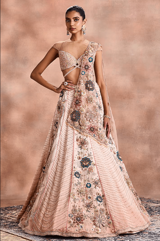 Beige Satin Organza Embroidered Lehenga Set