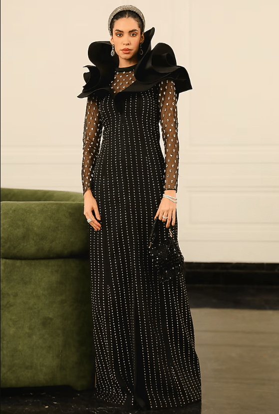 Black Polyester & Crepe A-Line Gown