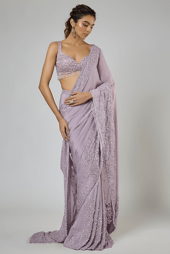 Dusty Lilac Fuji Crepe Embroidered Pre-Stitched Saree Set