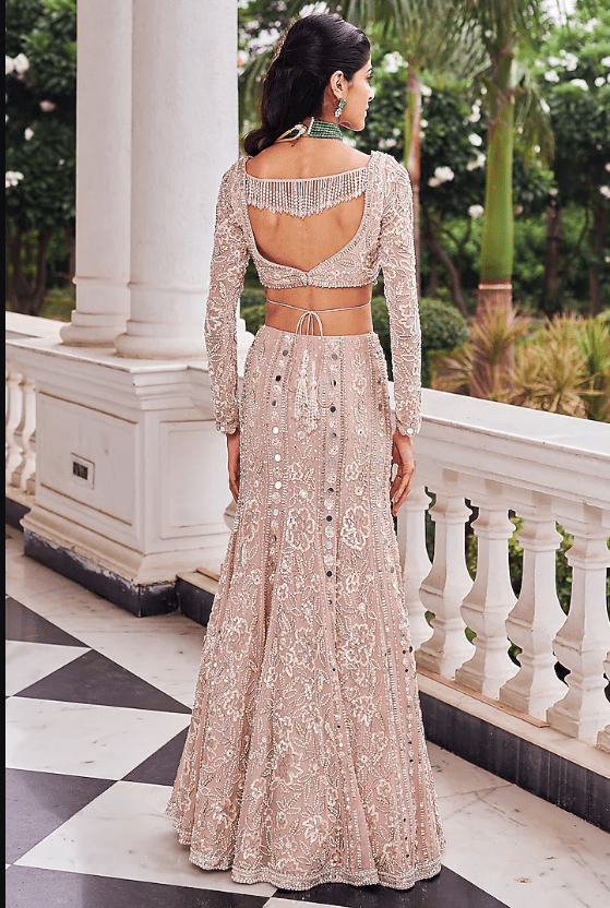 Salmon Pink Georgette Sequins Embroidered Lehenga Set - Image 2