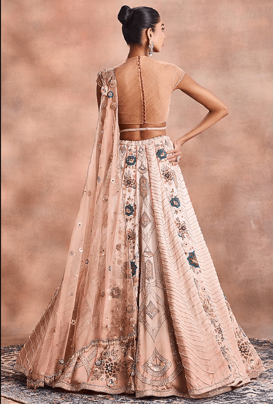 Beige Satin Organza Embroidered Lehenga Set - Image 2