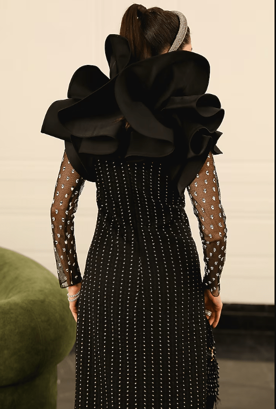 Black Polyester & Crepe A-Line Gown - Image 2