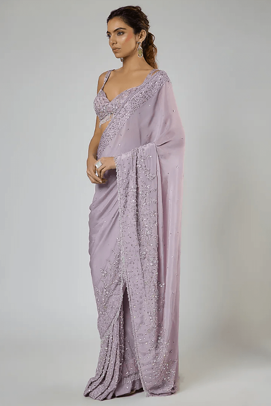 Dusty Lilac Fuji Crepe Embroidered Pre-Stitched Saree Set - Image 3