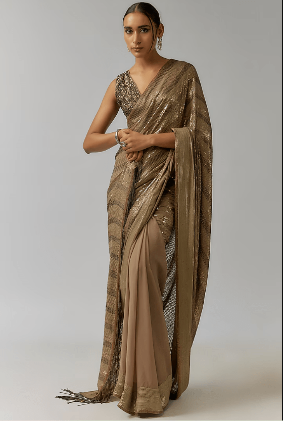 Mouse Chiffon Sequins Embroidered Saree Set