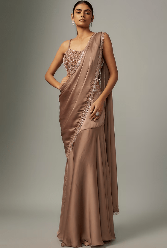 Champagne Gold Satin & Raw Silk Embroidered Fish-Cut Saree Set